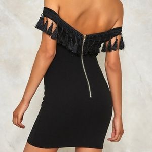Vera & Lucy Dress Black Tassel Off The Shoulder Bodycon Mini Cocktail Dress, Sm